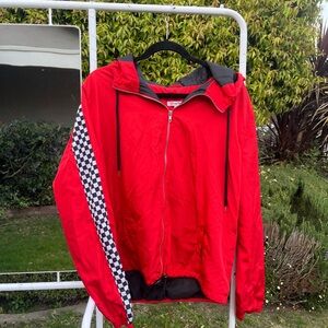 Red Hooded Windbreaker Jacket with Checkerboard Sleeve